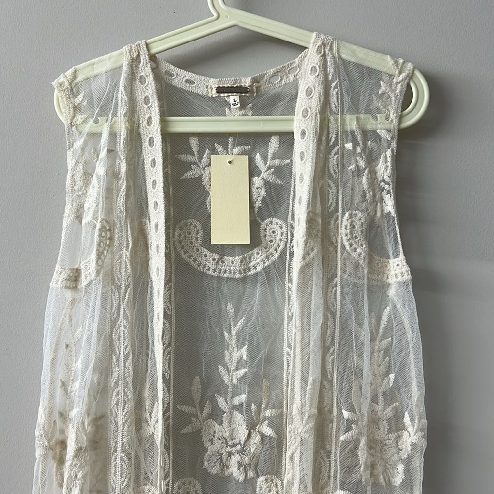 Amber Skies Bohemian style sleeveless long vest beachwear embroidered cream